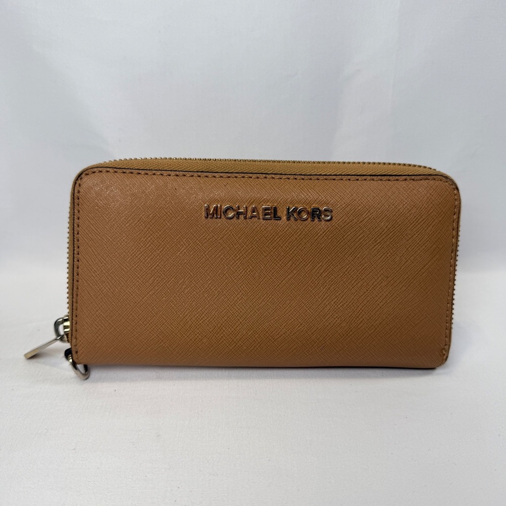 Michael Kors Zip Around Wallet Womens OS Luggage Brown Saffiano Leather Jet Set